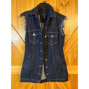 Liverpool Womens Dark Wash Long Denim Jean Jacket Pockets ALTERED Size XS (5165)